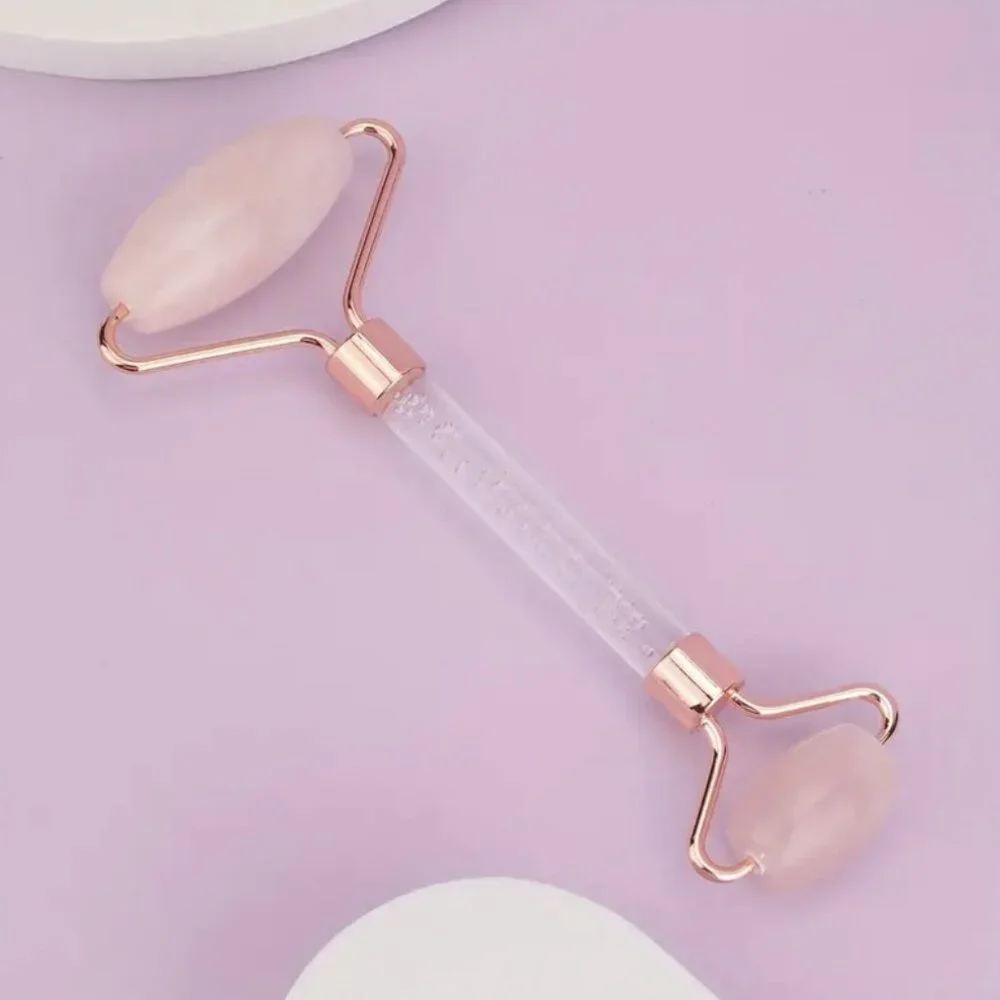 Pink Rose Quartz Dual-Head Massage Roller for Facial and Body